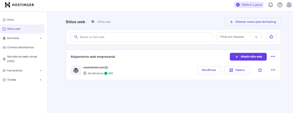 Panel de Sitios Webs de Hostinger